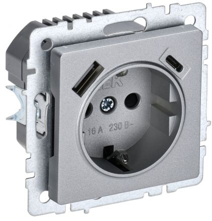 BRITE Роз. с з/к/ш 16А с USB A+C 18Вт РЮш11-1-БрА алюм. IEK